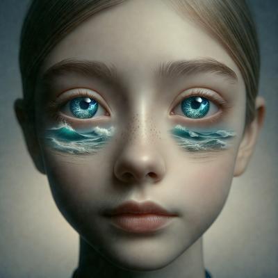 The primary subject of the image is a young girl with blue eyes. She has her eyes painted with blue and white ocean waves, giving her a unique and artistic appearance. The setting is a close-up of her face, and the visual style is a digital art or illustration. The colors and mood of the image are vibrant and creative, with the blue and white ocean waves adding a sense of playfulness and imagination to the scene.